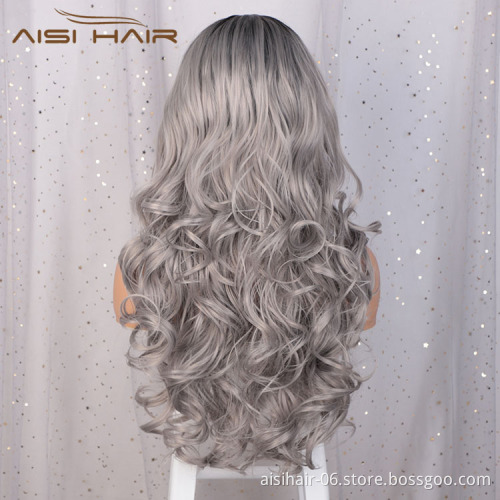 Aisi Hair Cosplay Synthetic Ombre Gray Dark Root Wig Long Wavy Swiss Lace Wig Body Wave Lace Frontal Hair Wigs For Black Women